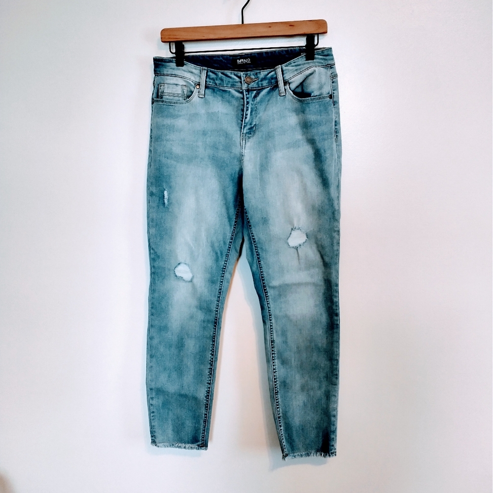 Buffalo David Bitton Jess rip and repair. Mid rise skinny jeans with raw hem. D